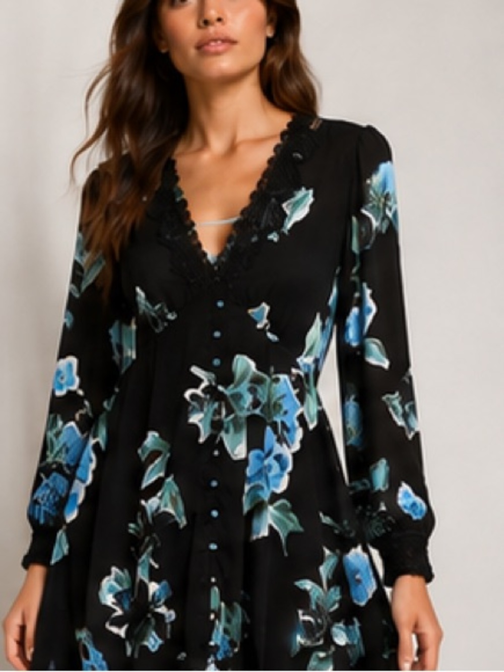 The Kooples Black Dress with Teal Floral Print and Lace Trim